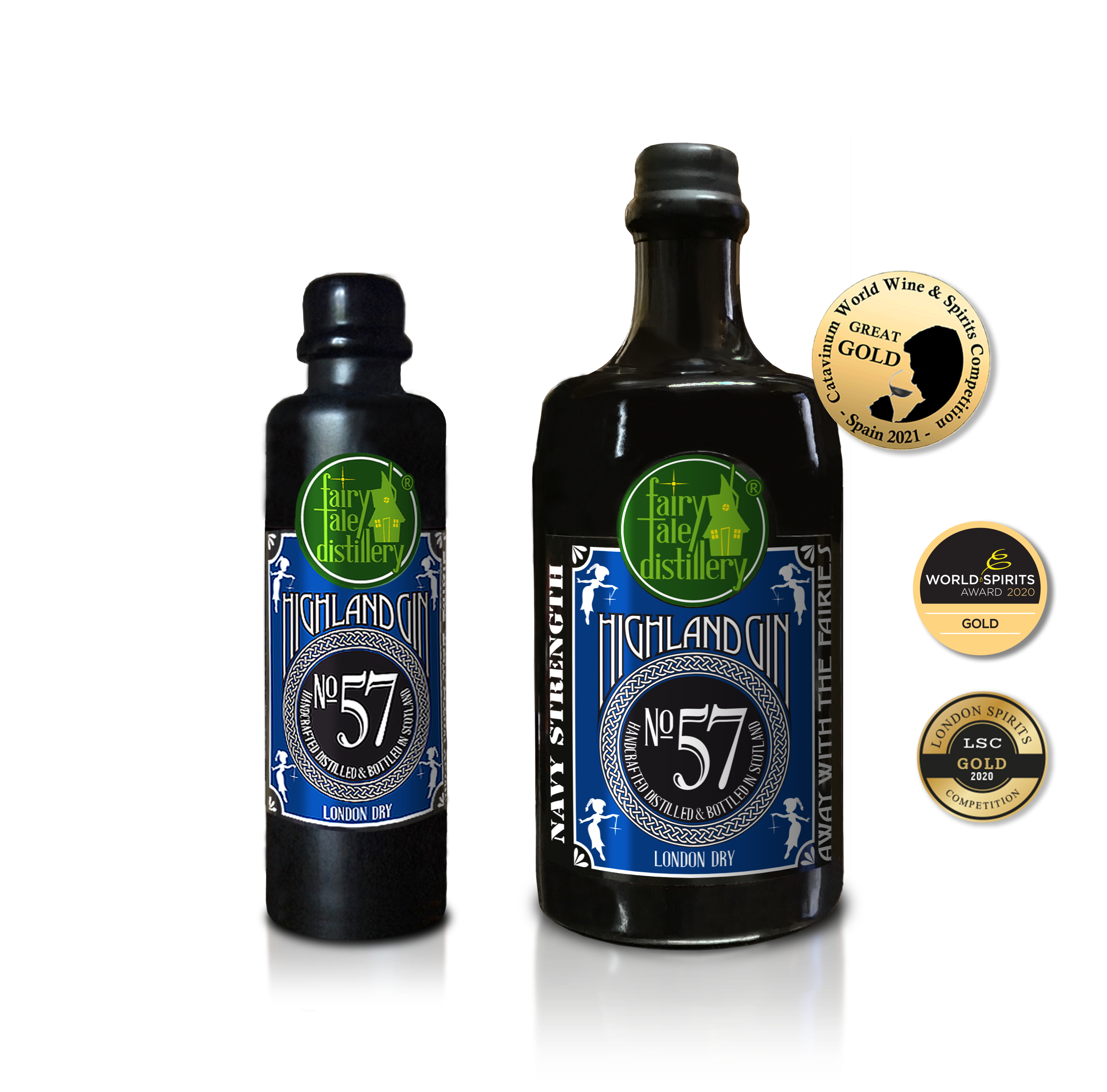 No 57 London Dry Highland Gin bottle from Fairytale Distillery with London Spirits Competition 2020 Gold - Catavinum World Wine & Spirits Competetion Spain 2021 Great Gold - World Spirits Award 2020 Gold
