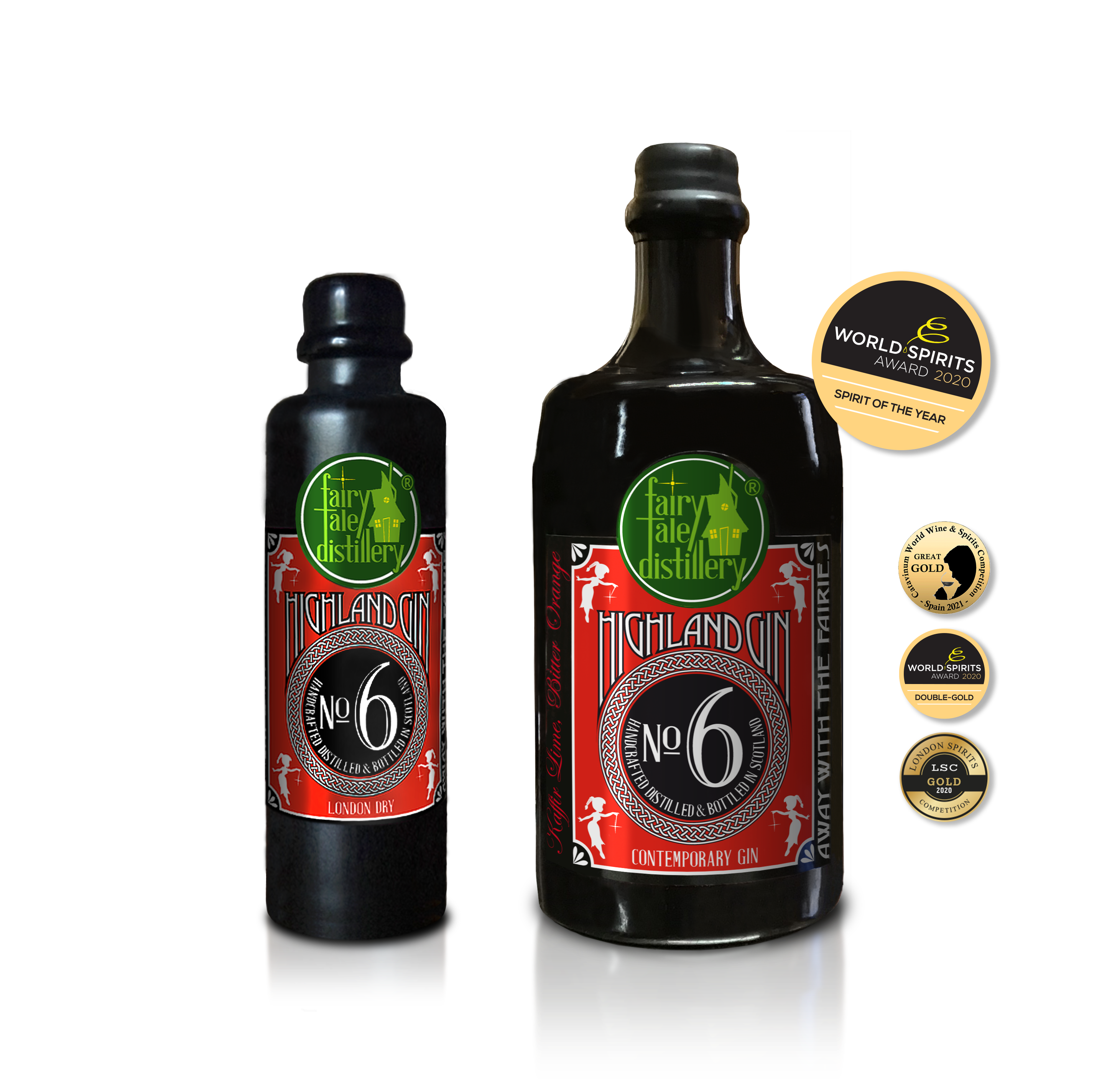 No 6 Contemporary Highland Gin bottle from Fairytale Distillery with London Spirits Competition 2020 Gold - Catavinum World Wine & Spirits Competetion Spain 2021 Great Gold - World Spirits Award 2020 Spirit of the year - World Spirits Award 2020 Double Gold