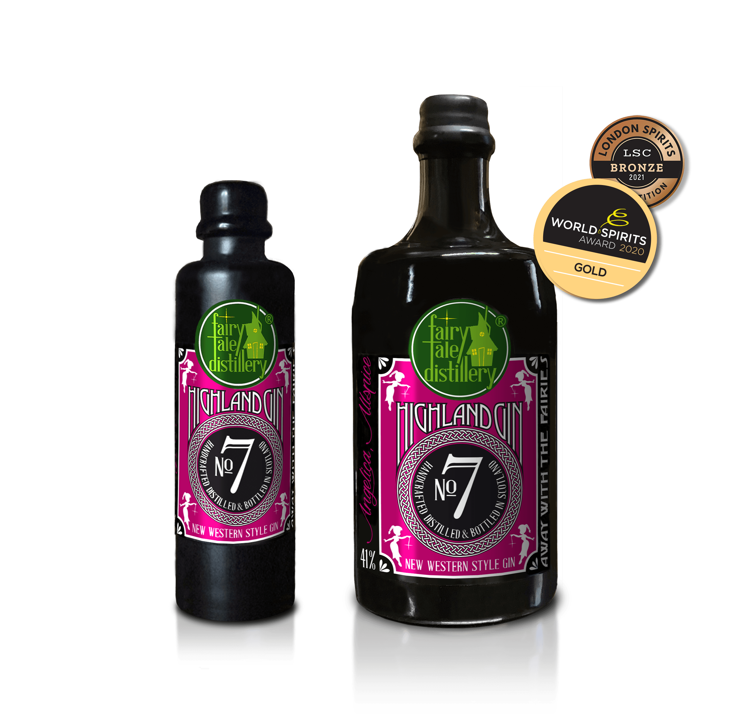 No 7 New Western Style Highland Gin bottle from Fairytale Distillery with World Spirits Award 2020 Gold - London Spirits Competition 2021 Bronze
