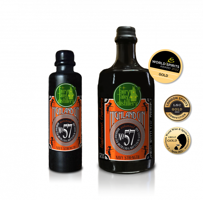 No 57 Navy Strength Autumnal Gin bottle from Fairytale Distillery with World Spirits Award 2022 Gold - London Spirits Competition 2022 Gold - Catavinum World Wine & Spirits Competition Spain 2022 Great Gold