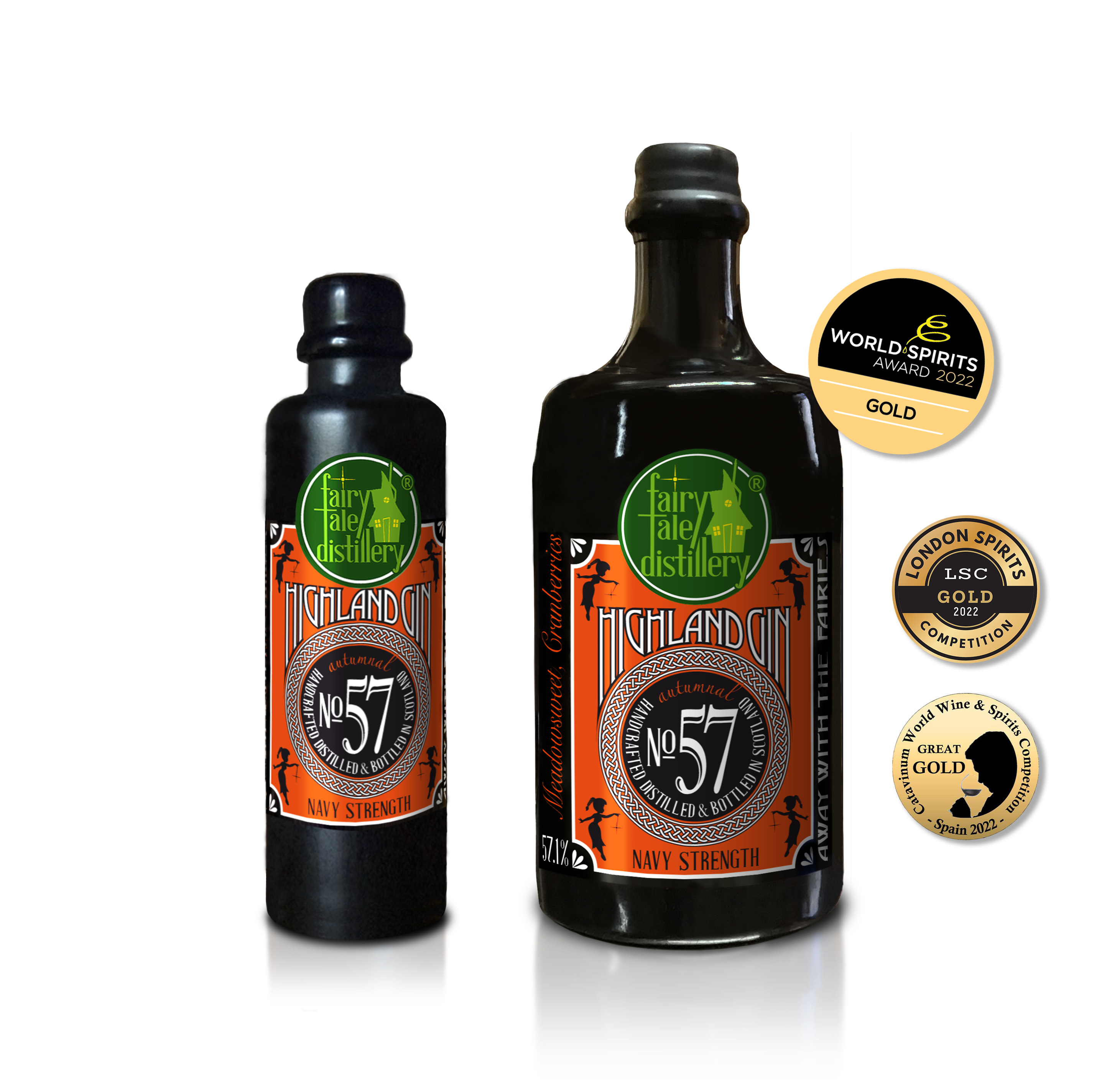 No 57 Navy Strength Autumnal Gin bottle from Fairytale Distillery with World Spirits Award 2022 Gold - London Spirits Competition 2022 Gold - Catavinum World Wine & Spirits Competition Spain 2022 Great Gold