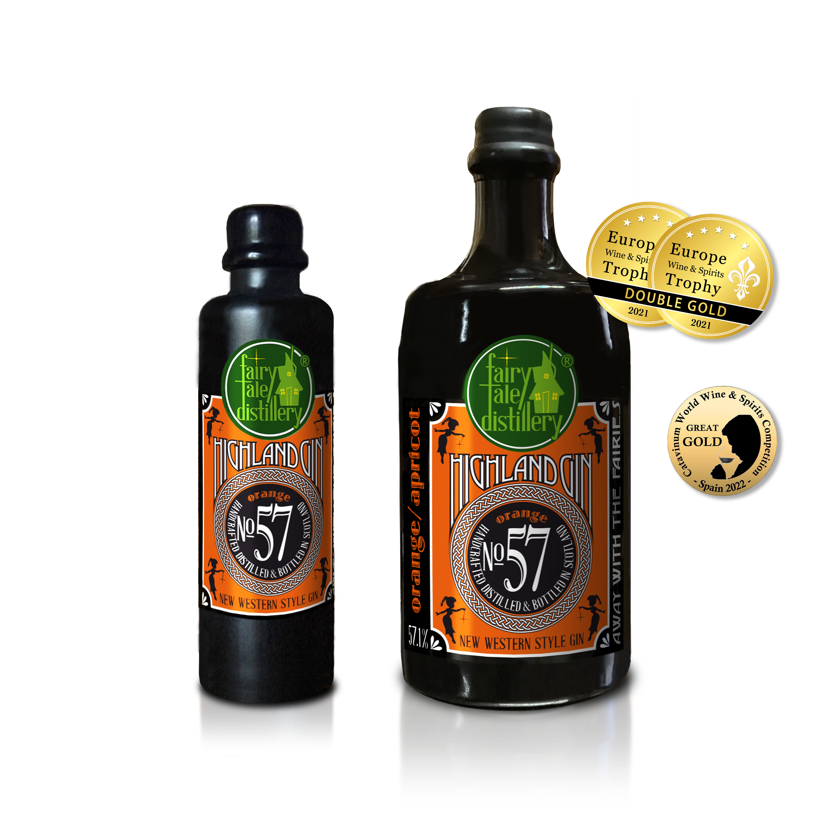 No 57 New Western Style Orange Gin bottle from Fairytale Distillery with Catavinum World Wine & Spirits Competition Spain 2022 Great Gold - Europe Wine & Spirits Trophy 2021 Double Gold