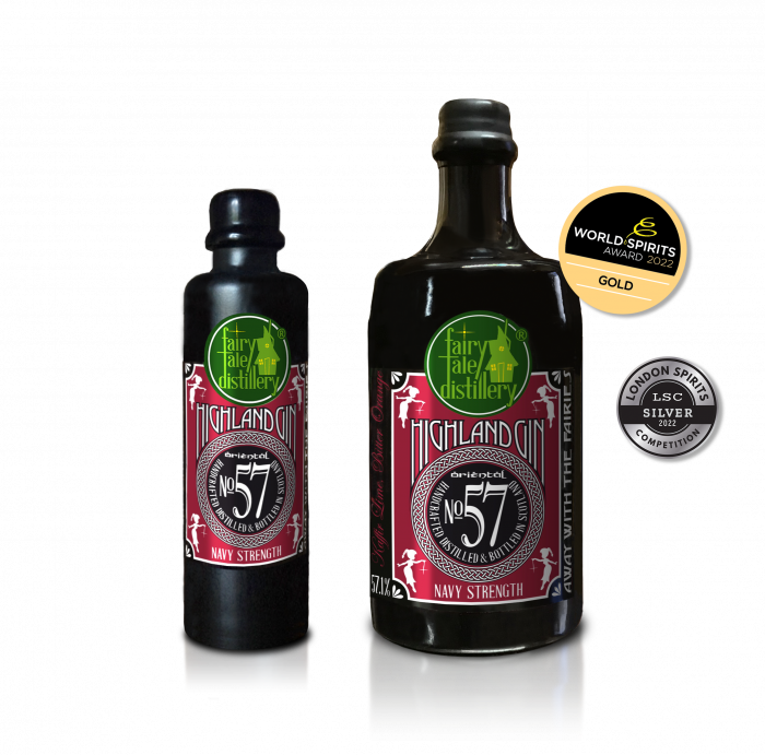 No 57 Navy Strength Oriental Gin bottle from Fairytale Distillery with World Spirits Award 2022 Gold - London Spirits Competition 2022 Silver