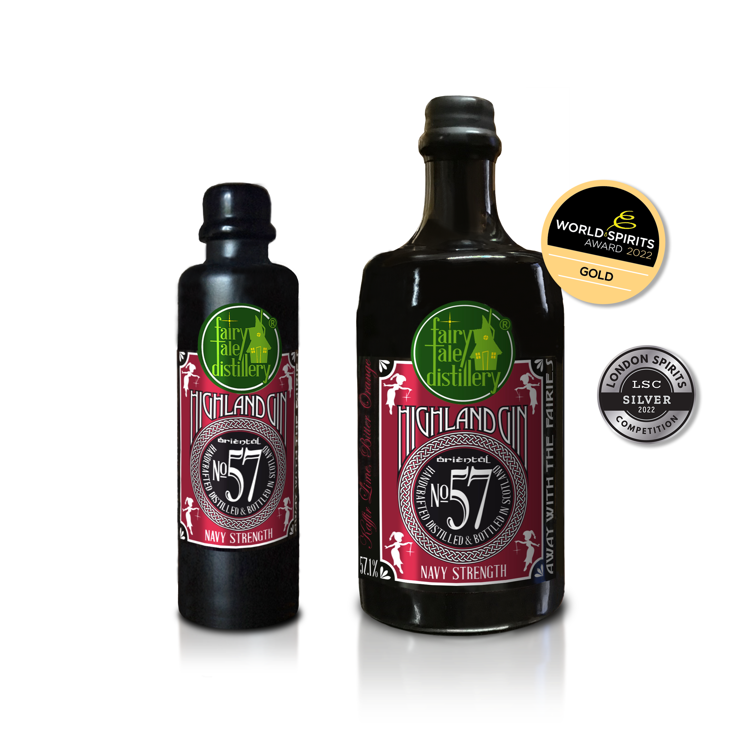 No 57 Navy Strength Oriental Gin bottle from Fairytale Distillery with World Spirits Award 2022 Gold - London Spirits Competition 2022 Silver