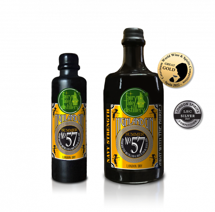 No 57 London Dry Summer Highland Gin bottle from Fairytale Distillery with Catavinum World Wine & Spirits Competition Spain 2022 Great Gold - London Spirits Competition 2021 Silver