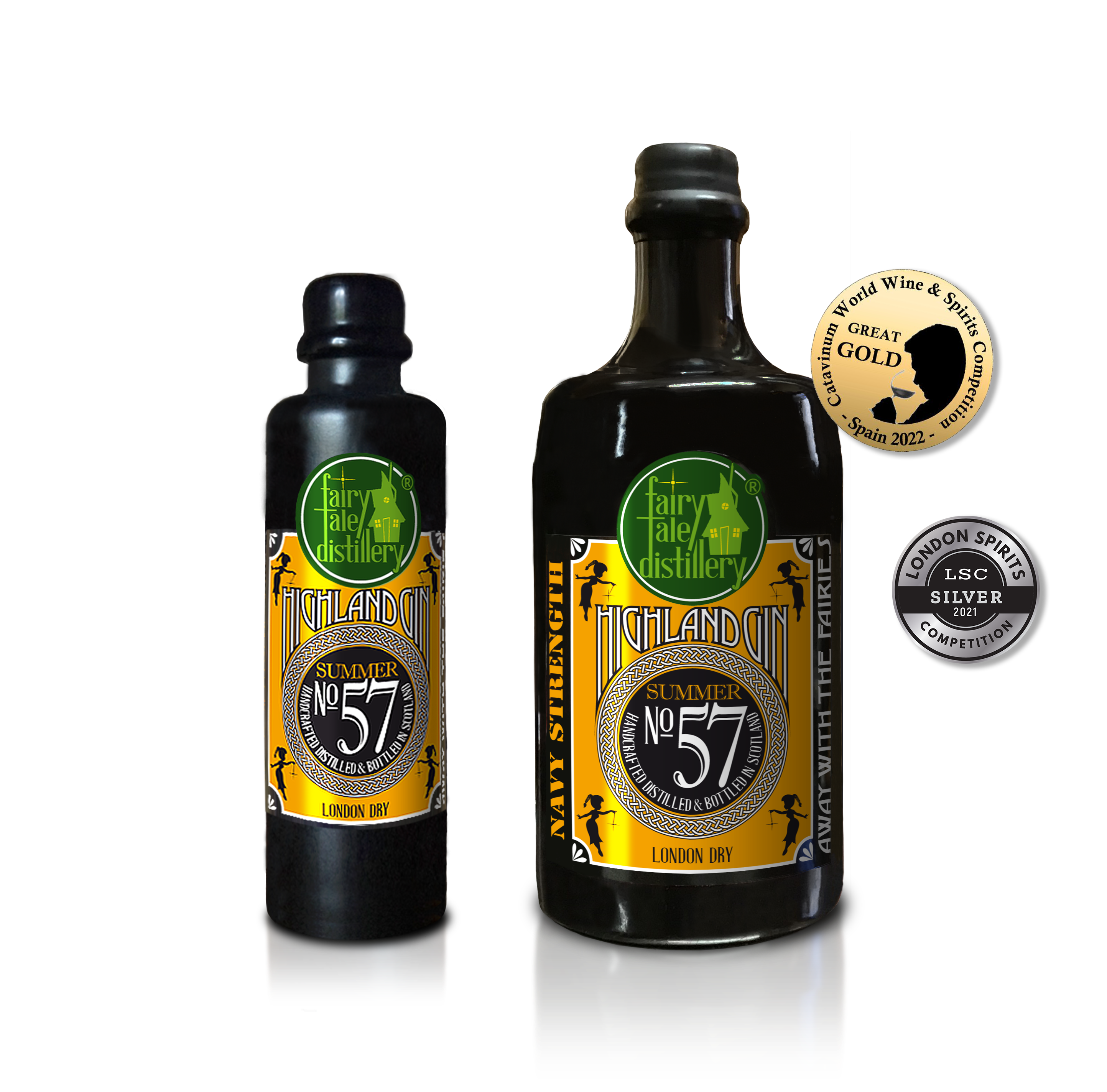 No 57 London Dry Summer Highland Gin bottle from Fairytale Distillery with Catavinum World Wine & Spirits Competition Spain 2022 Great Gold - London Spirits Competition 2021 Silver