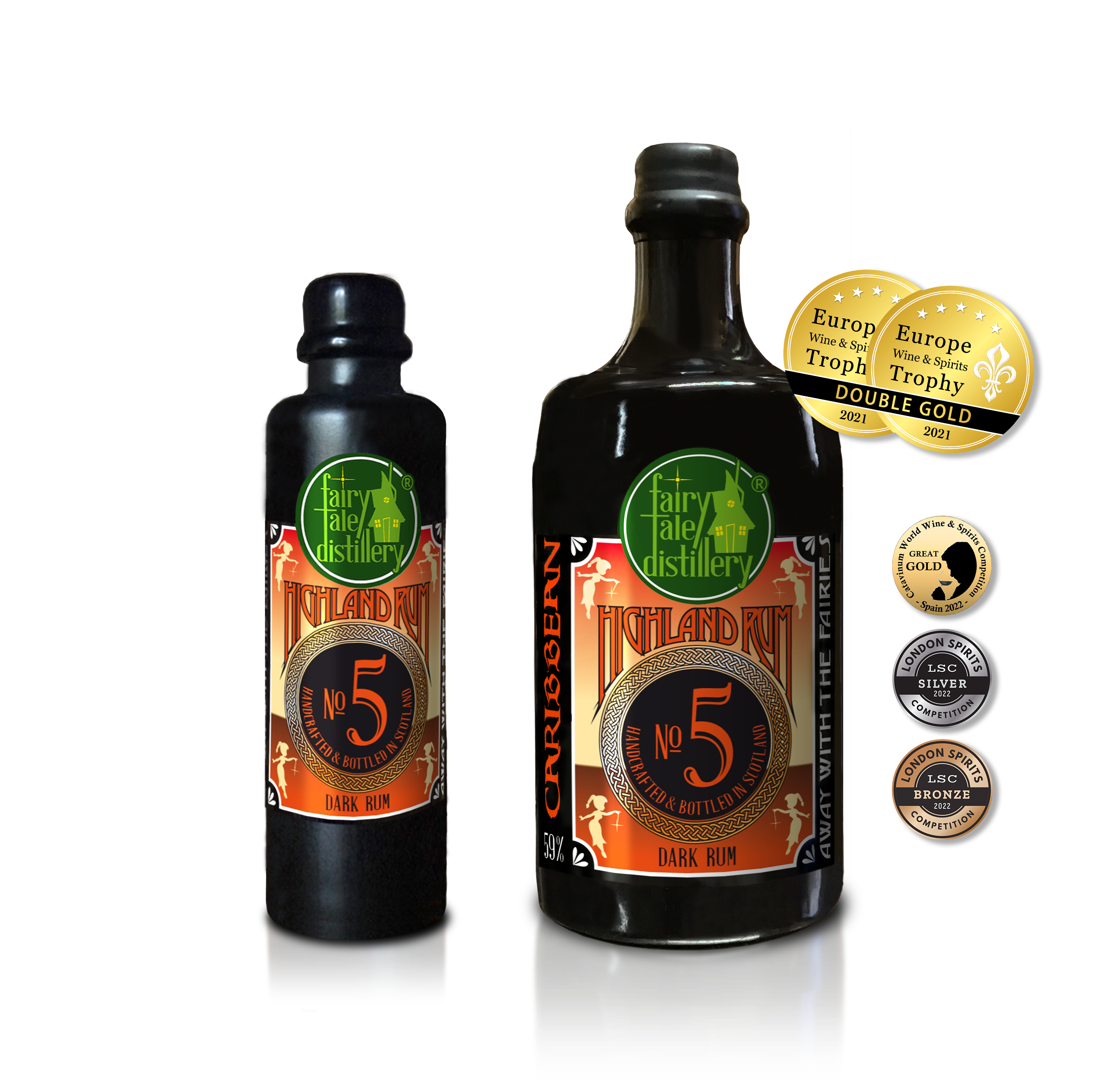 No 5 Dark Rum bottle from Fairytale Distillery with Europe Wine & Spirits Trophy 2021 Double Gold - Catavinum World Wine & Spirits Competition Spain 2022 Great Gold - London Spirits Competition 2022 Silver - London Spirits Competition 2022 Bronze