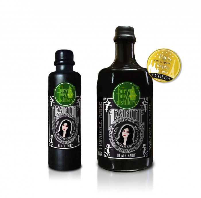 Black Fairy Highland Absinthe bottle from Fairytale Distillery with Paris Wine & Spirits Trophy 2022 Gold