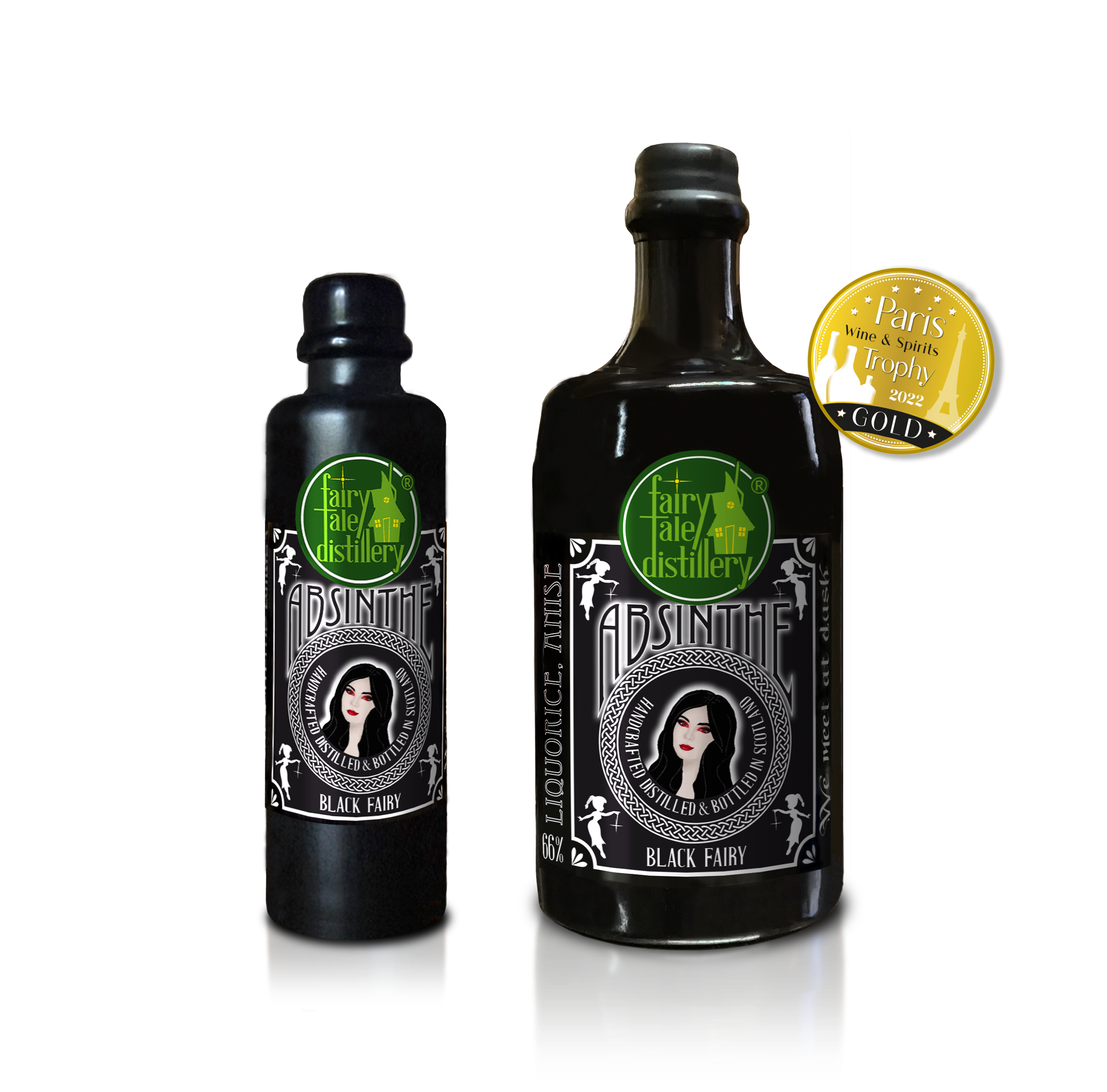 Black Fairy Highland Absinthe bottle from Fairytale Distillery with Paris Wine & Spirits Trophy 2022 Gold