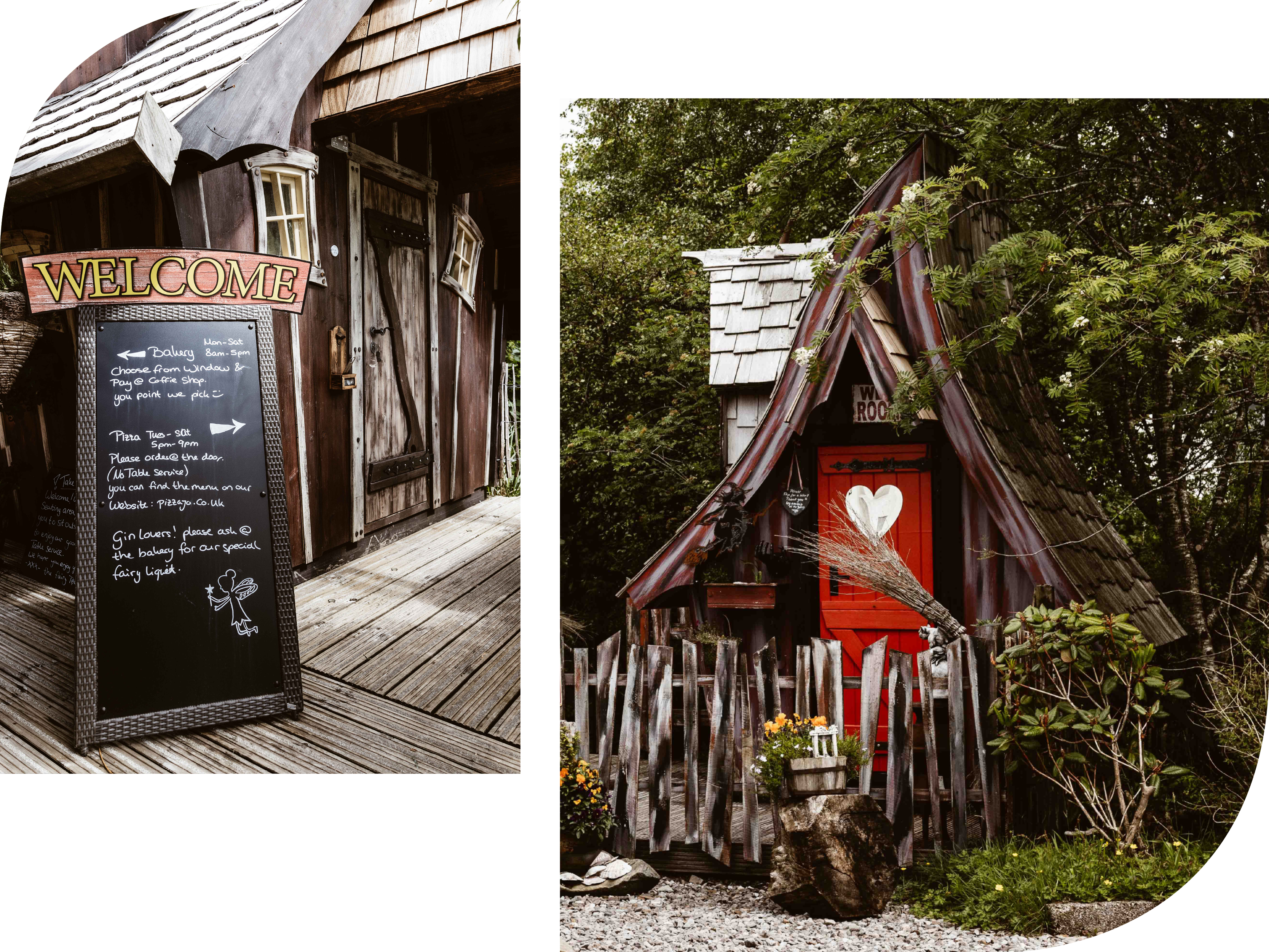 little wooden houses in a magical surrounding in the scottish highlands at fairytale distillery. Wee Room and entrance sign from Manuela's Wee Bakery